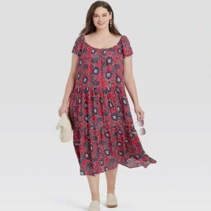 Knox Rose Cap Sleeve Scoop Neck Blue Floral Print on Red Summer Maxi Dress (XXL)